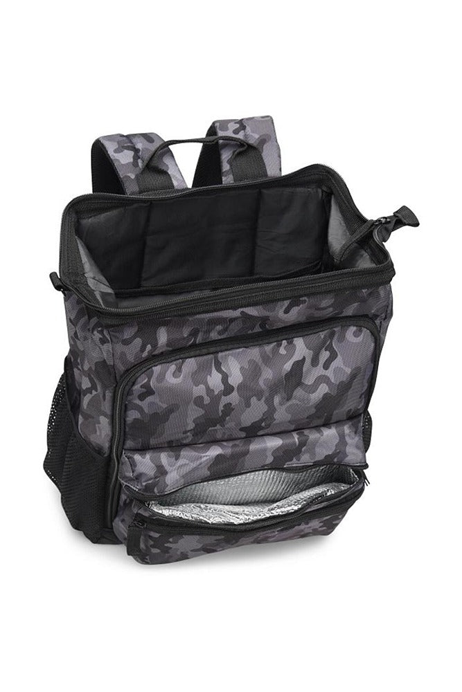 A top down view of the NurseMates Ultimate Backpack in "Grey Camo" featuring a large hinged mouth for easy access to roomy interior & heavy duty zippers & seams to ensure a reliable, long lasting product.