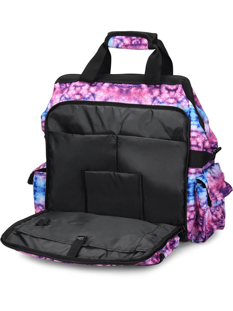 A frontward facing image of the Nurse Mates Ultimate Medical Bag in "Berry Blue tie Dye" featuring a padded laptop compartment.
