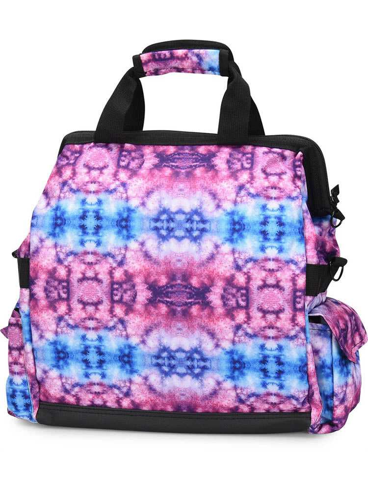 A picture of the NurseMates Ultimate Medical Bag in "Berry Blue Tie Dye" featuring a water and stain resistant fabric.
