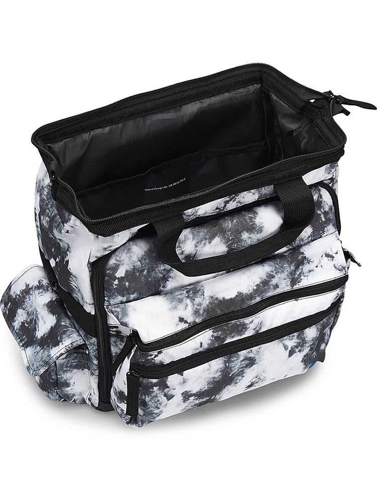 An aerial view of the Nurse Mates Ultimate Medical Bag in "Black & White Tie Dye" featuring a large hinged mouth for all of your on the go storage needs.