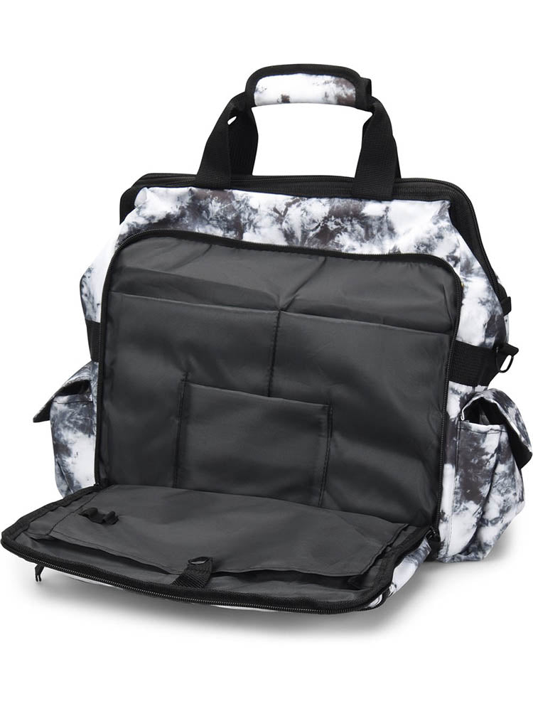 A frontward facing image of the Nurse Mates Ultimate Medical Bag in "Black & White Tie Dye" featuring a padded laptop compartment.