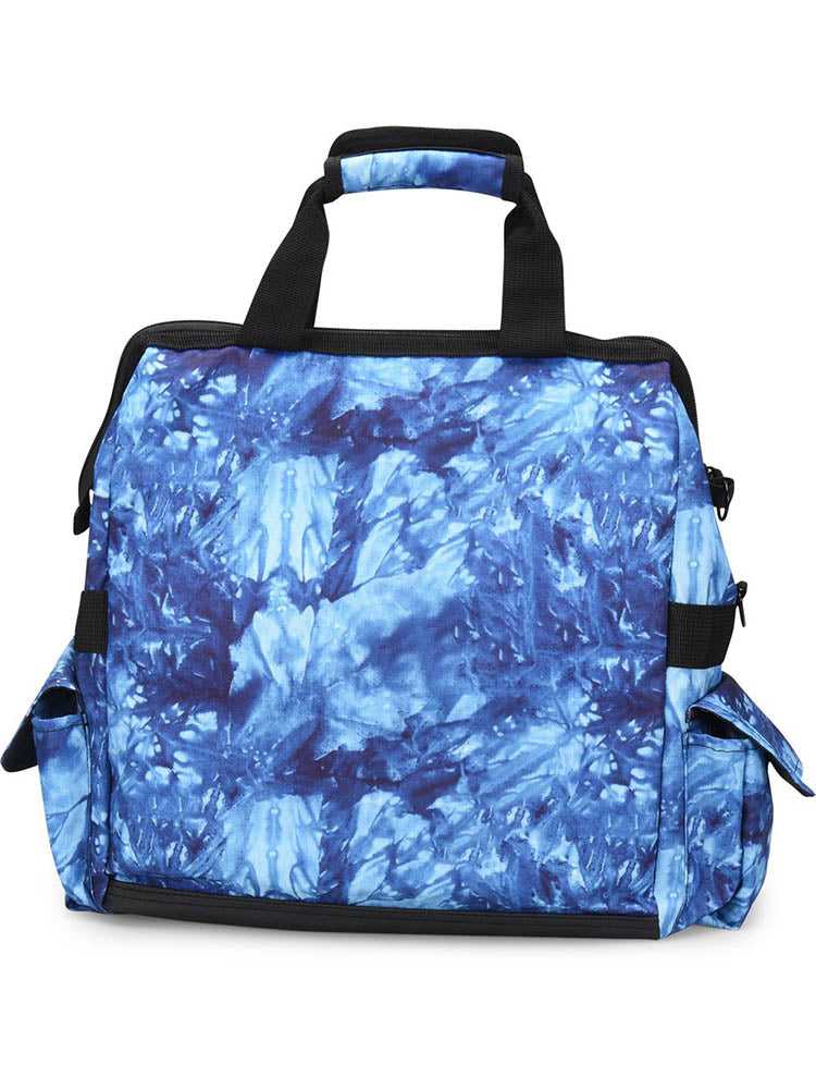 A picture of the NurseMates Ultimate Medical Bag in "Blue Crystals Tie Dye" featuring a water and stain resistant fabric.