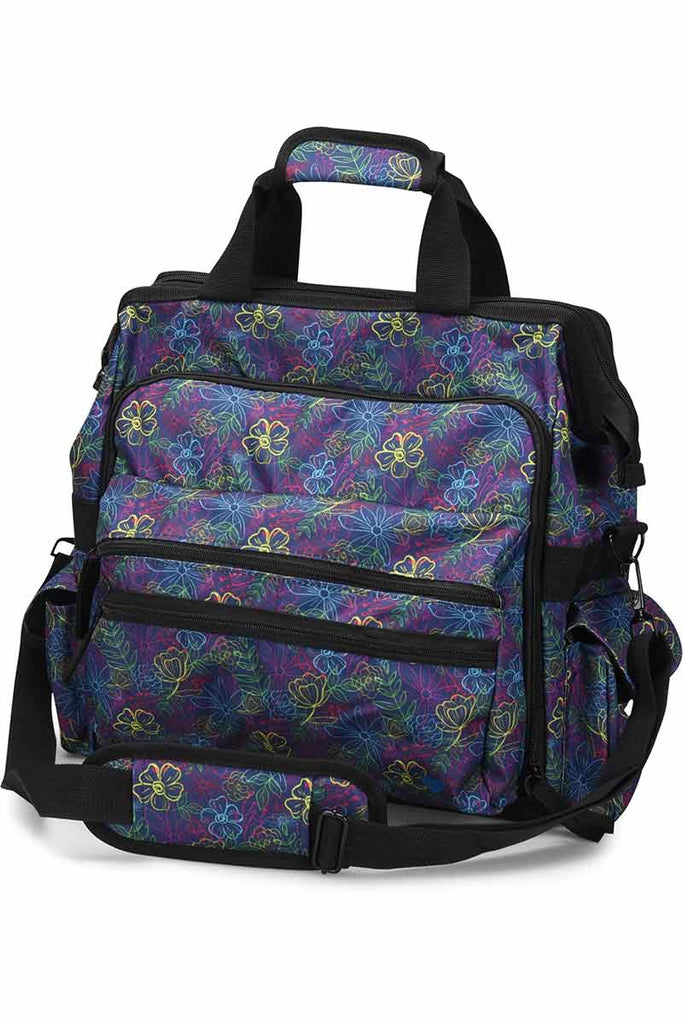 A front facing image of the Ultimate Medical Bag from NurseMates in "Vibrant Garden" featuring heavy duty zippers & multiple compartments for maximum storage room.