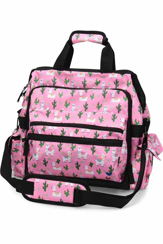 A front facing image of the Ultimate Medical Bag from NurseMates in "Llama Land" featuring heavy duty zippers & multiple compartments for maximum storage room.