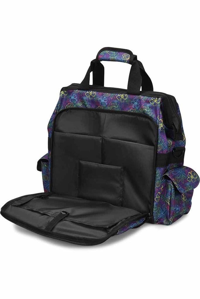 A frontward facing image of the Nurse Mates Ultimate Medical Bag in "Vibrant Garden" featuring a padded laptop compartment.