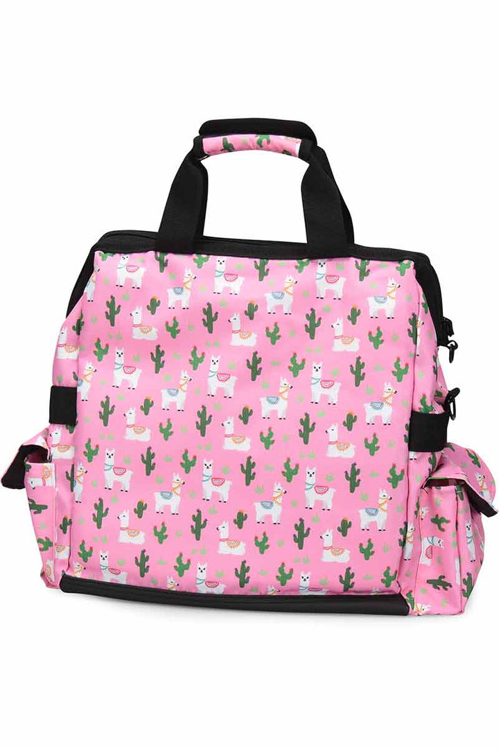 An image of the NurseMates Ultimate Medical Bag from the back in "Llama Land" featuring heavy duty zippers & multiple compartments for maximum storage room.