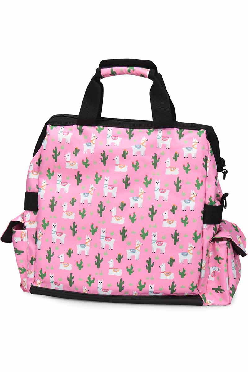 An image of the NurseMates Ultimate Medical Bag from the back in "Llama Land" featuring heavy duty zippers & multiple compartments for maximum storage room.