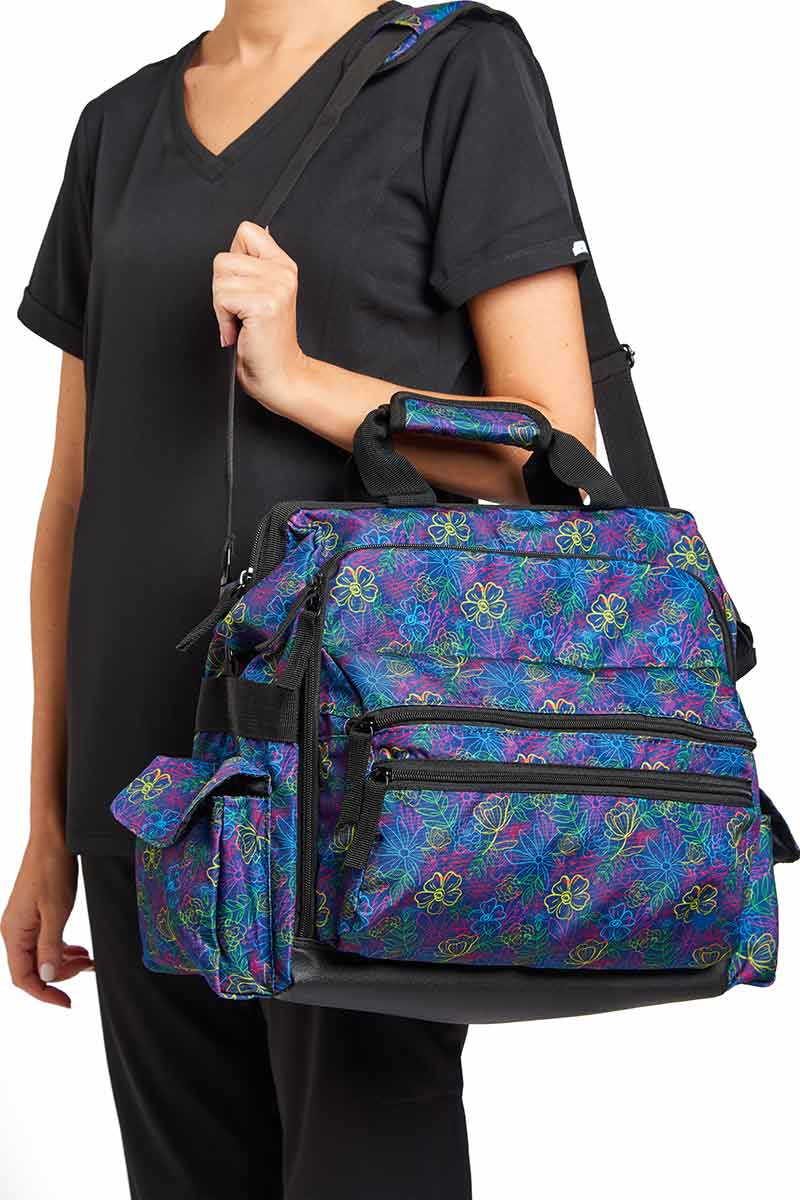 A picture of the NurseMates Ultimate Medical Bag in "Vibrant Garden" featuring a water and stain resistant fabric.