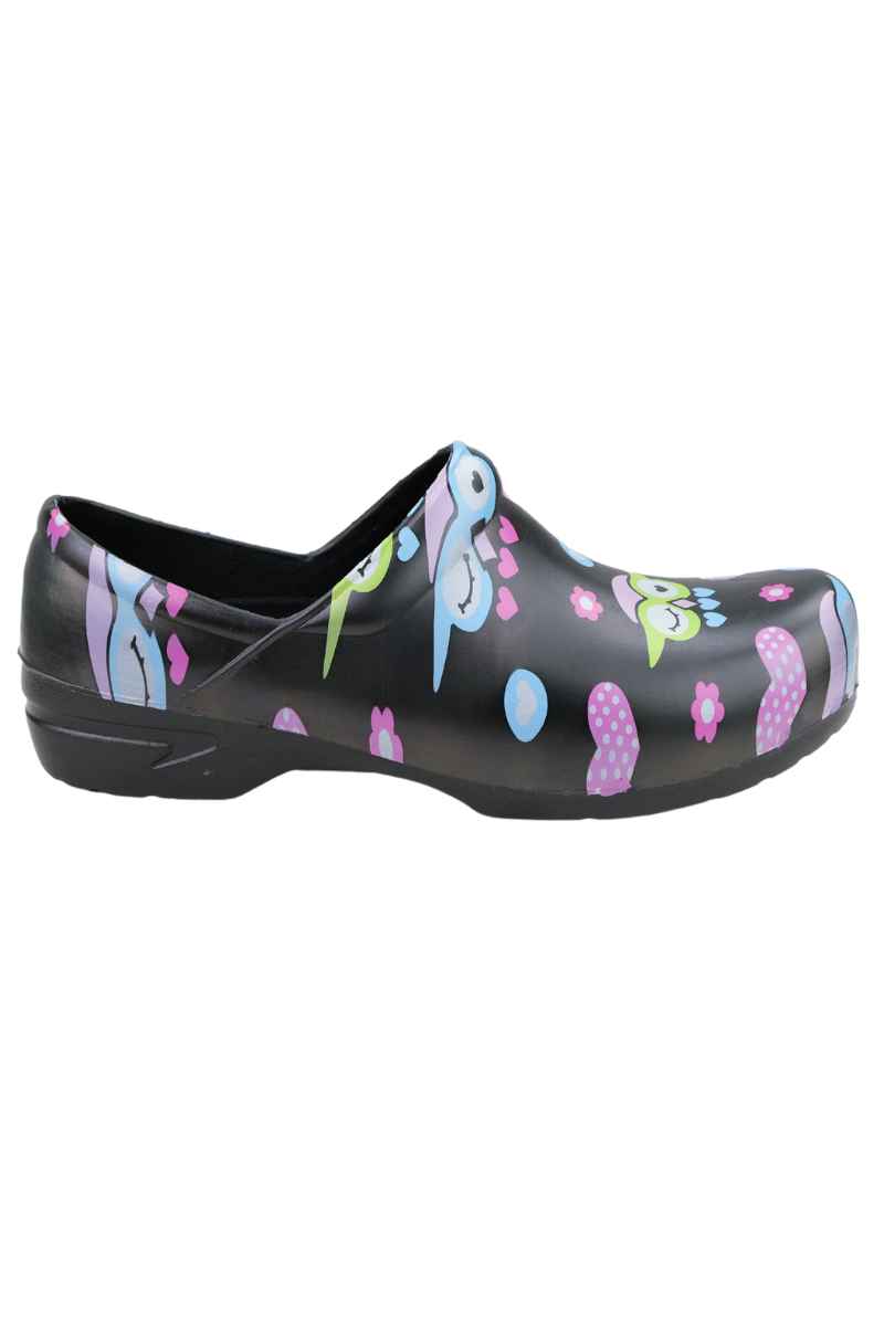 An image of the side of the StepZ Women's Slip Resistant Nurse Clog in "Give a Hoot" size 10 featuring a classic slip on style.