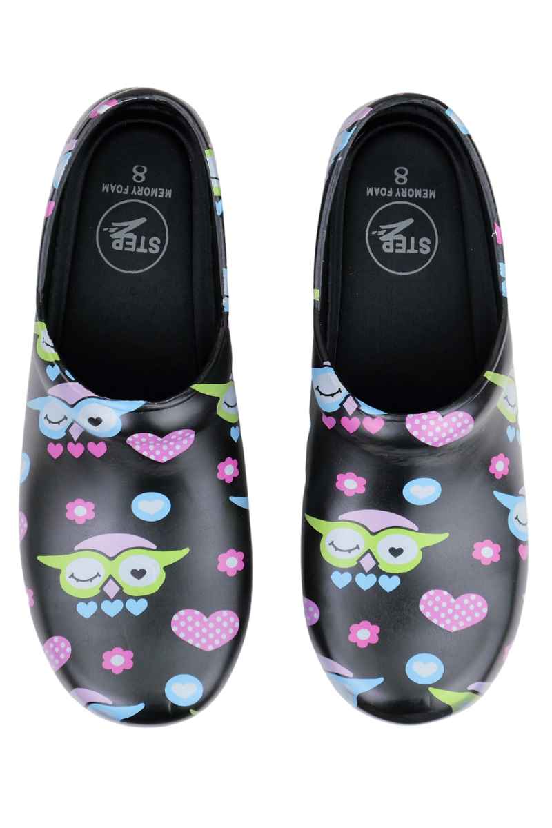 A picture of the side of a StepZ Women's Slip Resistant Nurse Clogs in "Give a Hoot" size 7 featuring a heel height of 1.5".