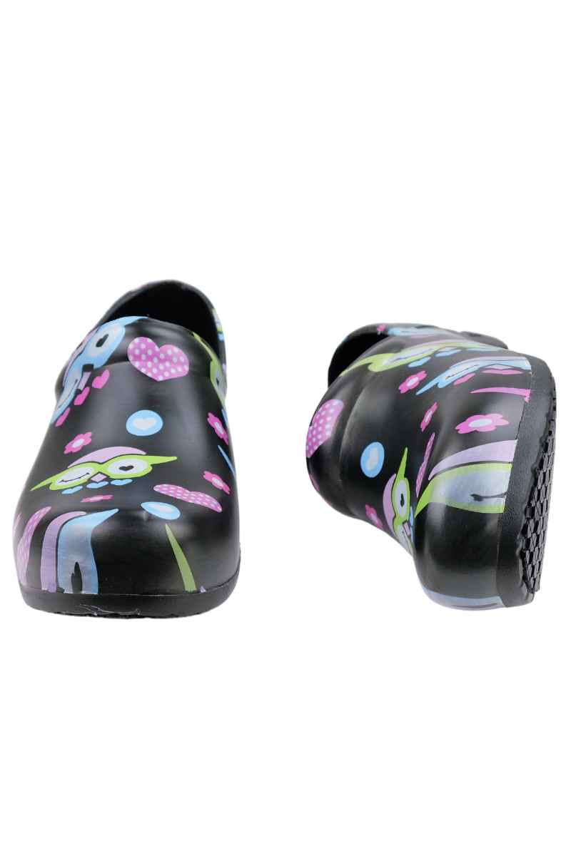 An image of the top & bottom of the StepZ Women's Slip Resistant Nurse Clogs in "Give a Hoot" size 11 featuring our patented water-based fluid slip resistant technology.