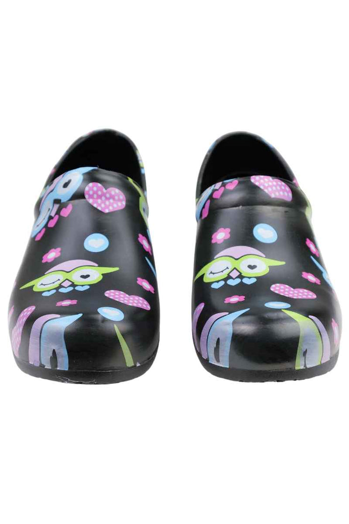 A frontward facing image of the StepZ Women's Slip Resistant Nurse Clogs in "Give a Hoot" size 10 featuring a classic slip on style.