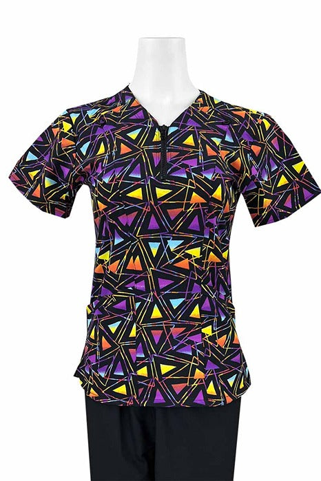 A Women's Zip Neck Scrub Top from Essentials in "Purple Floyd" featuring a chic zip up neckline & stylish seaming throughout.