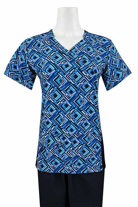 A Women's Mock Wrap Side Panels Scrub Top from Essentials in "Royal Prisms" featuring side stretch panels & an easy care, quick drying fabric that prevents sagging.