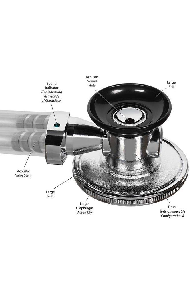 A close up image of the bell from the Prestige Medical Sprague-Rappaport Stethoscope showcasing the acoustic valve stem, rim, diaphragm & drum.
