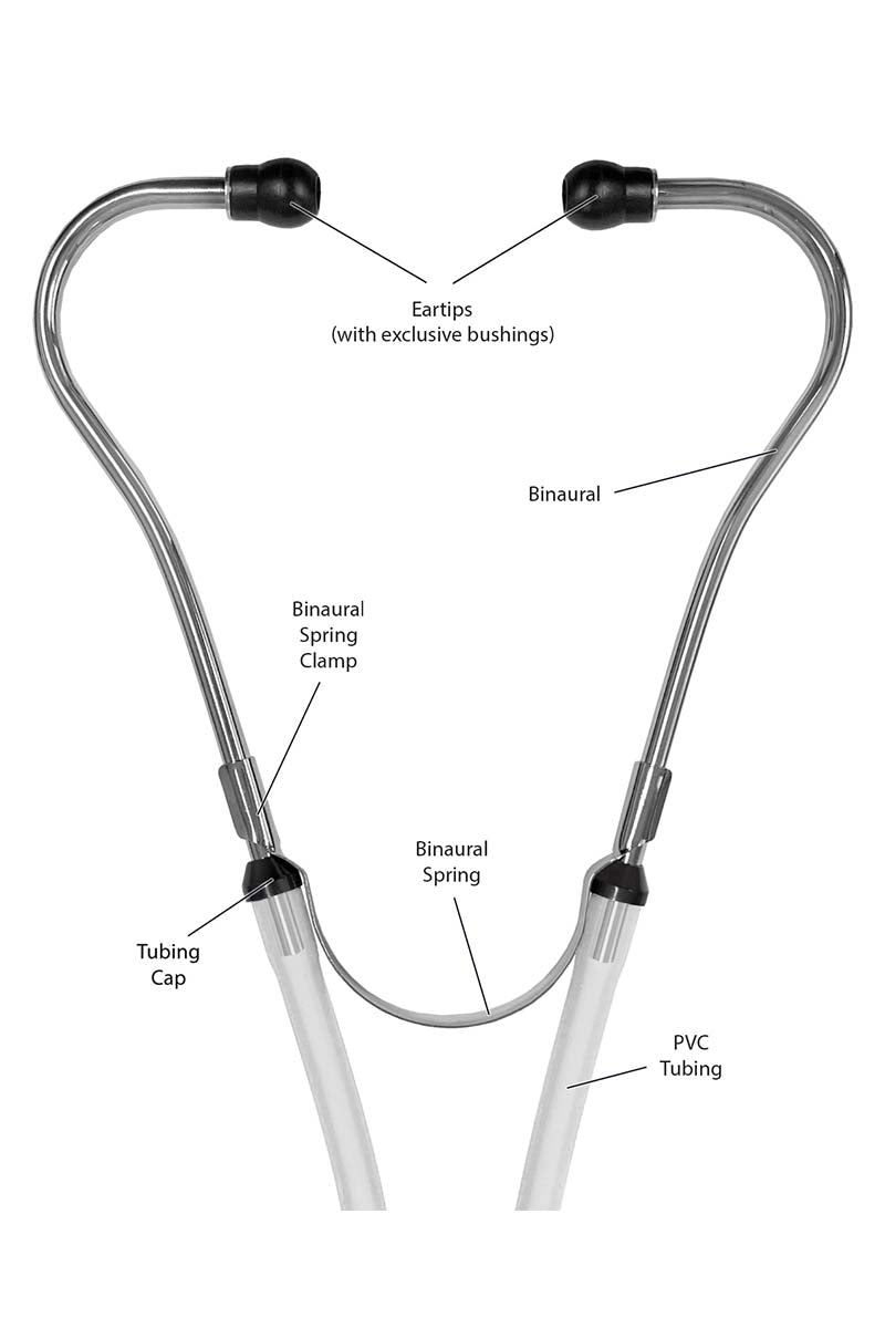 A close up shot of the ear piece from the Prestige Medical Sprague-Rappaport Stethoscope showcasing the eartips, binaural, tube caps & PVC tubing.
