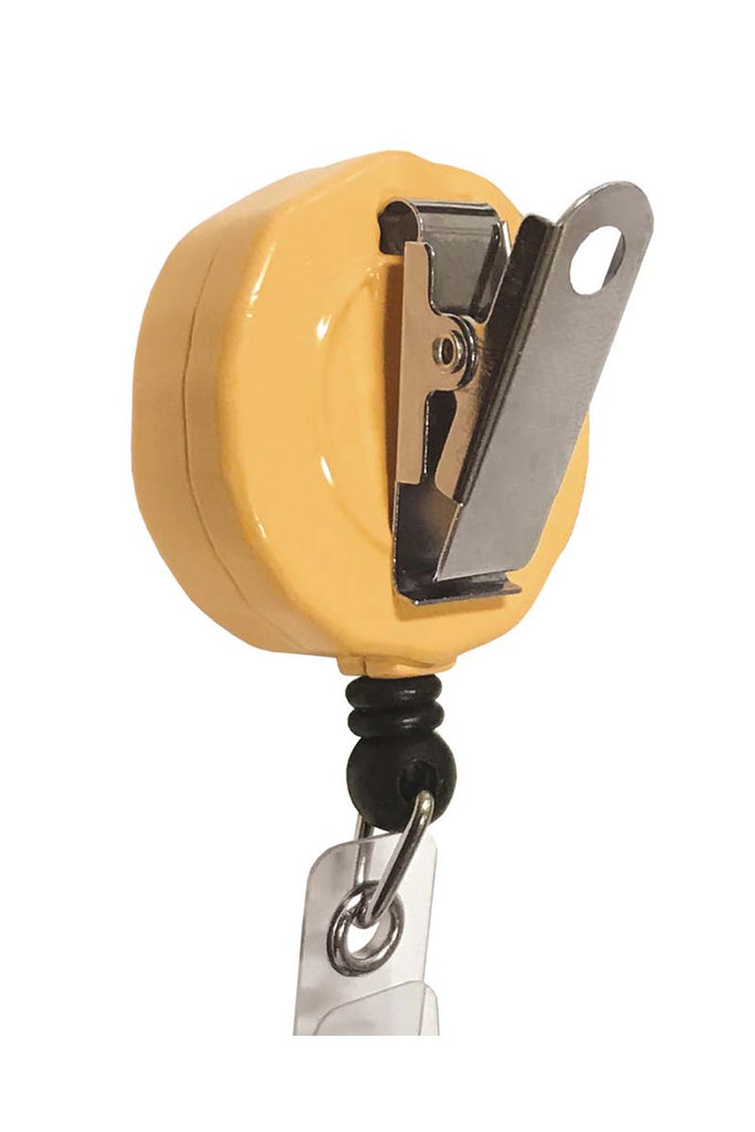 A backward facing image of the Prestige Medical Deluxe Retractzee ID Holder featuring a bulldog-style clip that enables easy fastening to apparel.