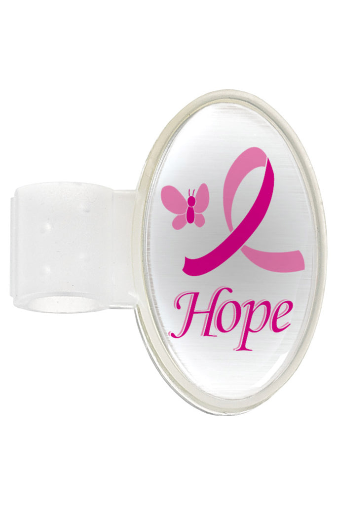 A Prestige Medical Dome ID Tag in "Hope Butterfly Pink Ribbon" featuring a secure adhesive closure.