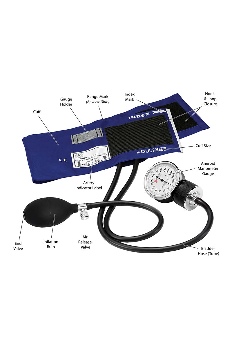 A diagram of the Premium Aneroid Sphygmomanometer from Prestige Medical indicating all parts of the product from the Hook & Loop closure at the cuff the  end valve on the inflation bulb.