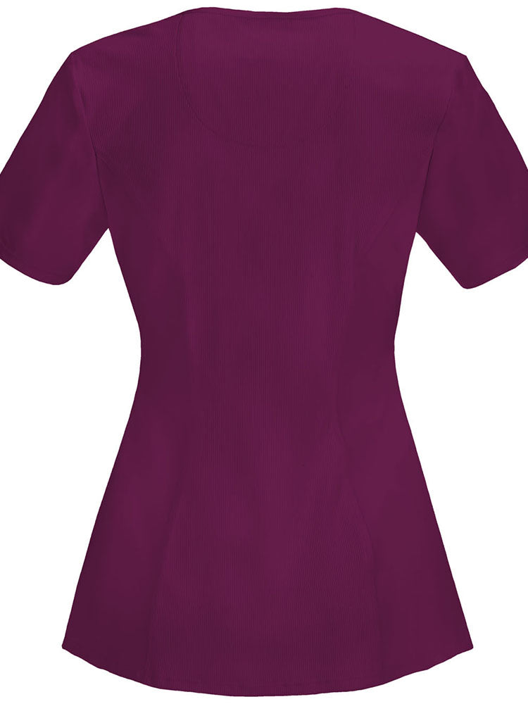 An image of the back of the Cherokee Infinity Women's Round Neck Scrub Top in Wine size Medium featuring a stretch rib knit at the center back panel.
