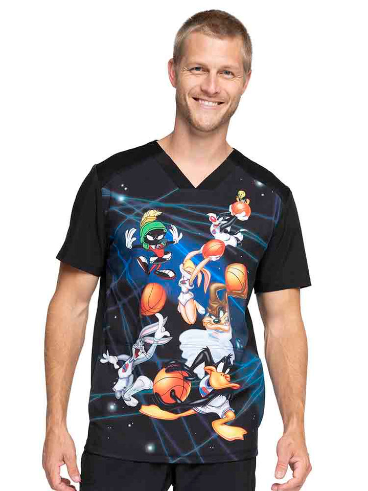 Young male nurse wearing a Uniexc V-neck Print Scrub Top from Cherokee Tooniforms in "Space Jam" featuring contrast piping at the neckline.