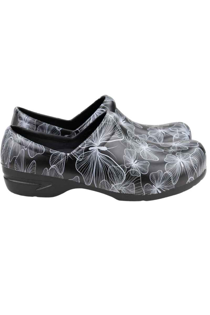 A picture of the side of a StepZ Women's Slip Resistant Nurse Clogs in "Transparent Butterflies" size 7 featuring a heel height of 1.5".