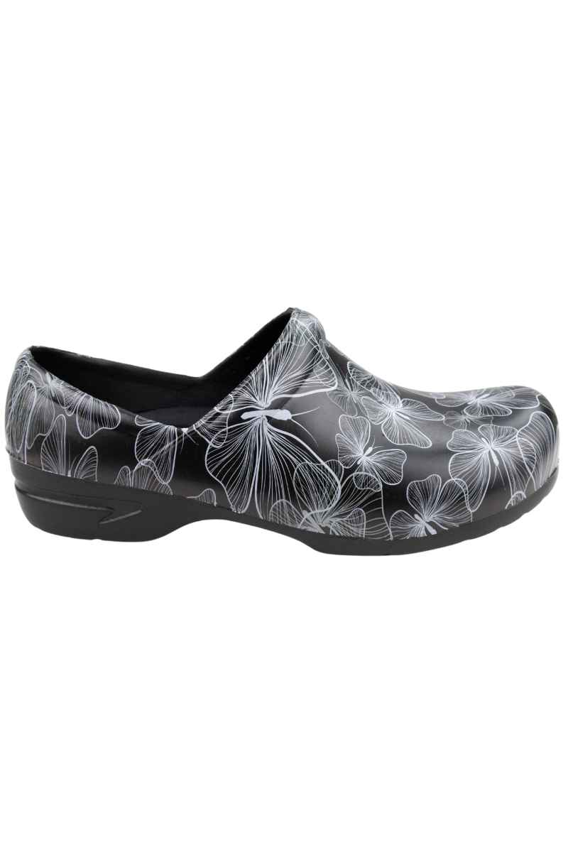 An image of the side of the StepZ Women's Slip Resistant Nurse Clog in "Transparent Butterflies" size 10 featuring a classic slip on style.