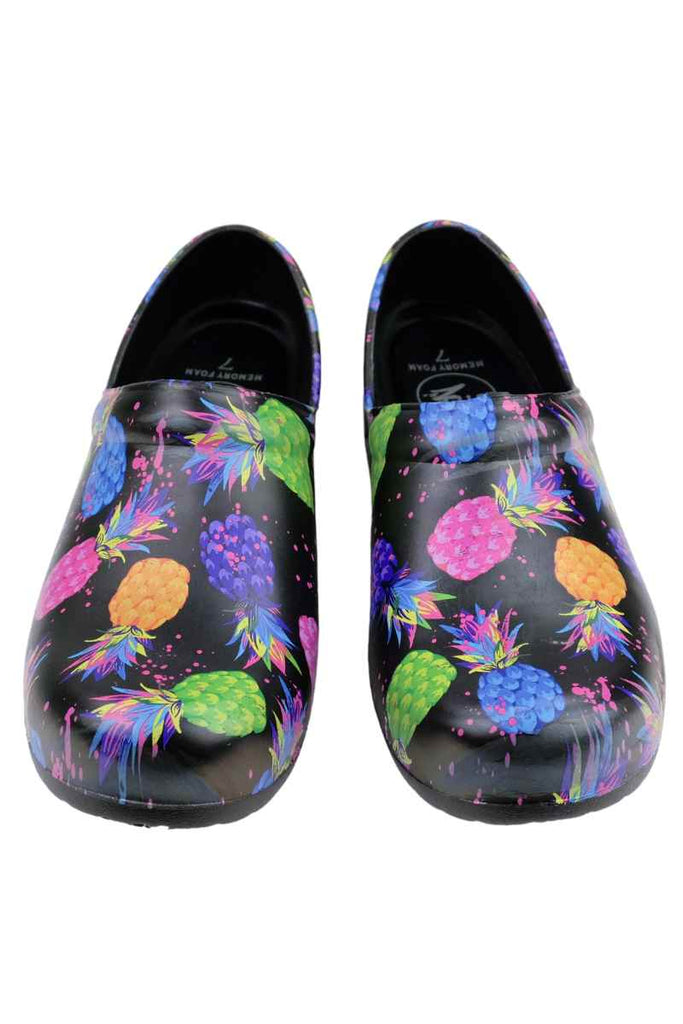 A frontward facing image of the StepZ Women's Slip Resistant Nurse Clogs in "Pineapple Paradise" size 10 featuring a classic slip on style.
