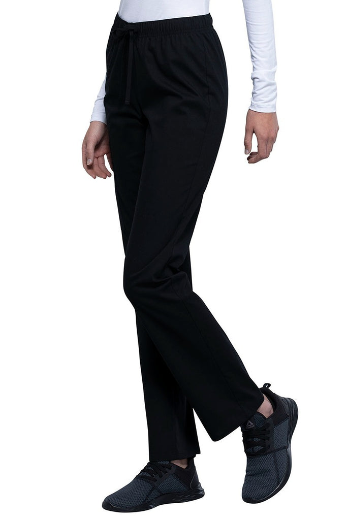 A frontward facing image of the Cherokee Unisex Straight Leg Scrub Pant in Black size Large Petite featuring a soft, stretchy Workwear Revolution fabric.