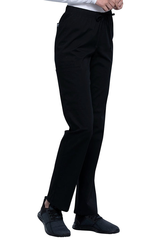 An image of the Cherokee Unisex Straight Leg Drawstring Scrub Pants in Black size XS Tall featuring an elastic drawstring waist.
