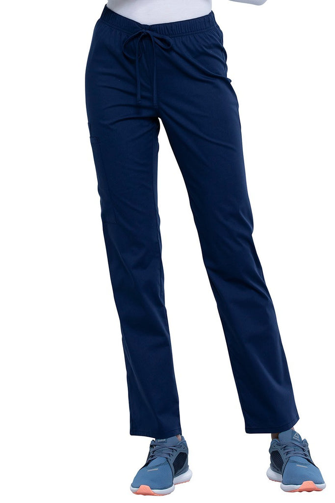 A frontward facing image of the Cherokee Unisex Straight Leg Drawstring Scrub Pant (WW030) in Navy size Small Petite featuring a mid rise.
