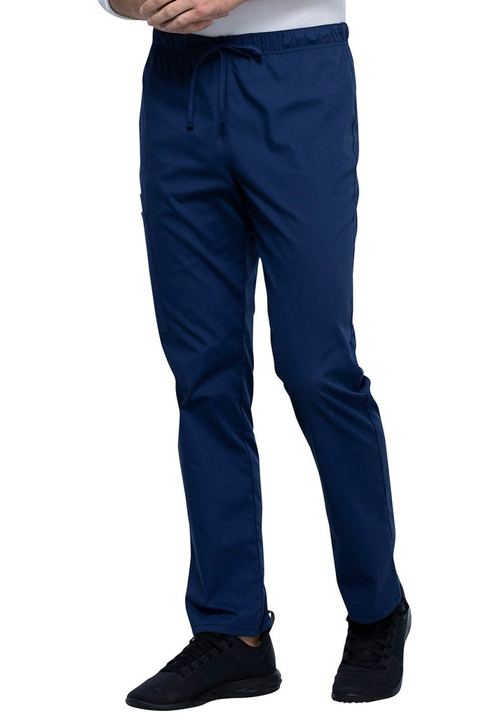 An image of the side of the Cherokee Unisex Straight leg Drawstring Scrub Pant in Navy size S Tall featuring a functional drawstring and elastic encased around the waistband.