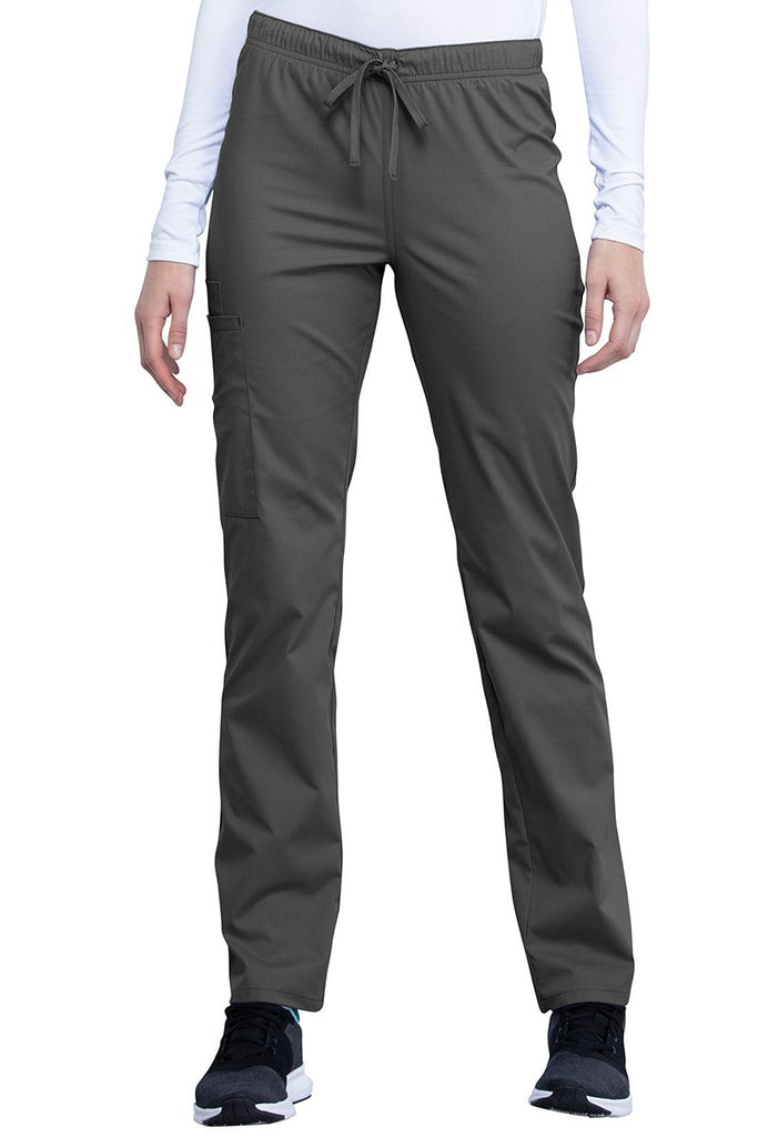 A frontward facing image of the Cherokee Unisex Straight Leg Drawstring Scrub Pant (WW030) in Pewter size Medium Petite featuring a mid rise.