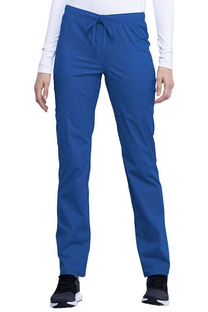 A frontward facing image of the Cherokee Unisex Straight Leg Drawstring Scrub Pant (WW030) in Royal size Medium Petite featuring a mid rise.