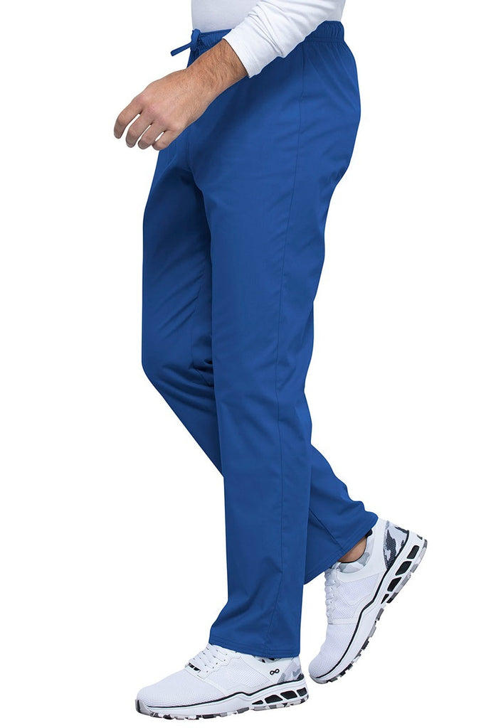 An image of the side of the Cherokee Unisex Straight leg Drawstring Scrub Pant in Royal size XS Tall featuring a functional drawstring and elastic encased around the waistband.