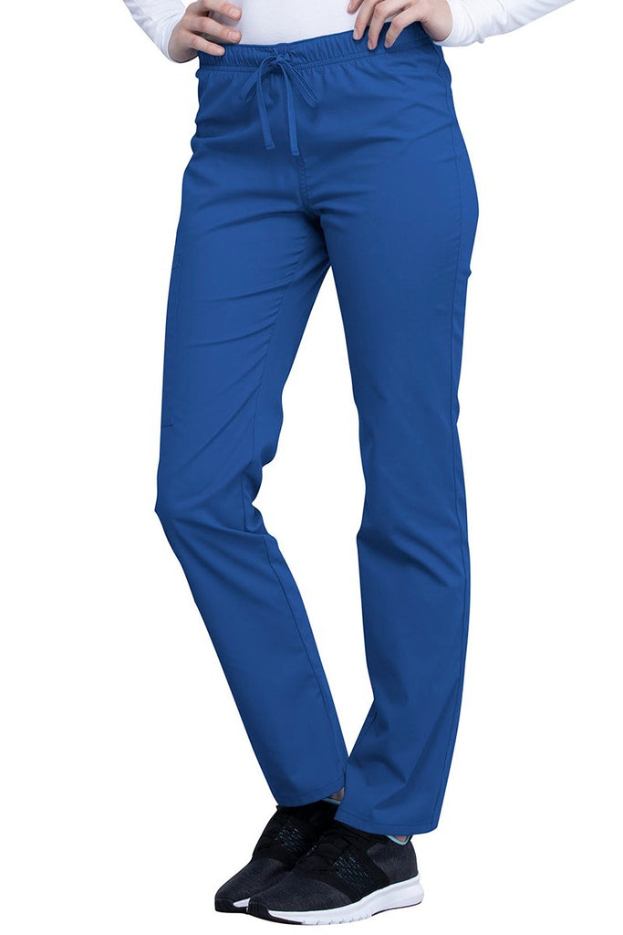 A frontward facing image of the Cherokee Unisex Straight Leg Scrub Pant in Royal size Large Petite featuring a soft, stretchy Workwear Revolution fabric.
