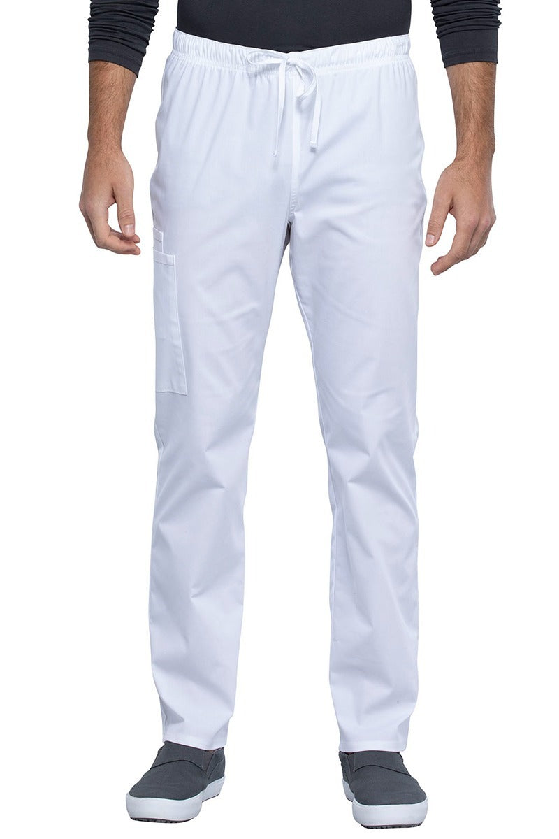 A picture of a male Nurse Practitioner wearing a Cherokee Unisex Straight Leg Scrub Pant in White size XL Tall featuring a Bi-Stretch, durable fabric.