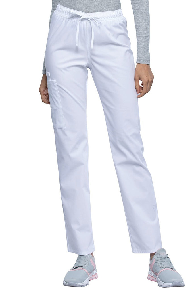 A frontward facing image of the Cherokee Unisex Straight Leg Drawstring Scrub Pant (WW030) in White size Medium Petite featuring a mid rise.
