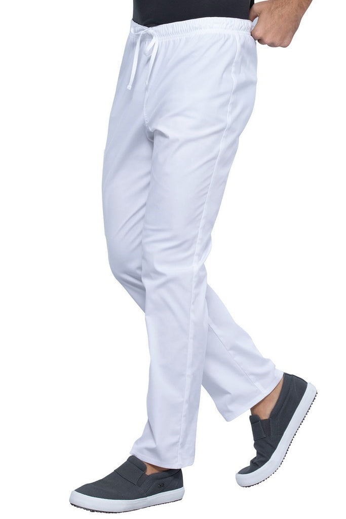 An image of the side of the Cherokee Unisex Straight leg Drawstring Scrub Pant in White size XS Tall featuring a functional drawstring and elastic encased around the waistband.