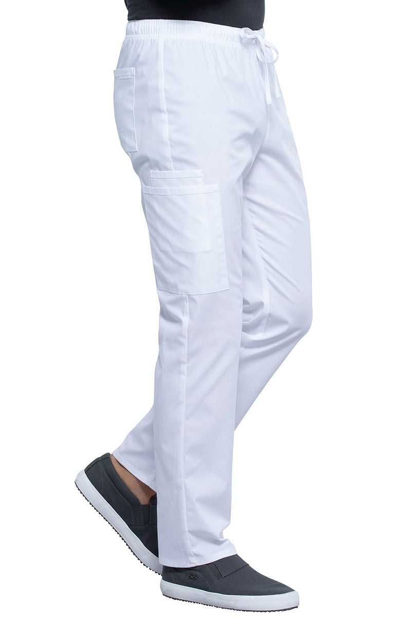 An image of the Cherokee Unisex Straight Leg Drawstring Scrub Pants in White size XS Tall featuring an elastic drawstring waist.