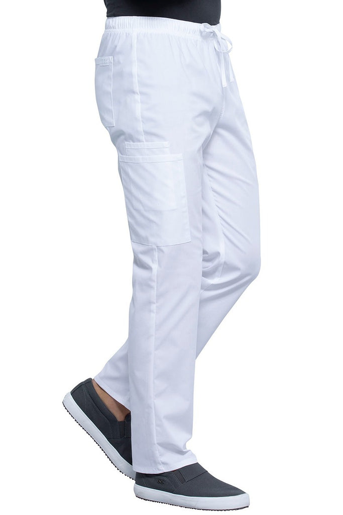 An image of the Cherokee Unisex Straight Leg Drawstring Scrub Pants in White size XS Tall featuring an elastic drawstring waist.