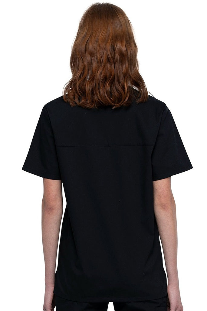 An image of a Female Physician wearing a Cherokee Unisex Tuck-in Scrub Top in Black size Medium featuring a center back length of 28".