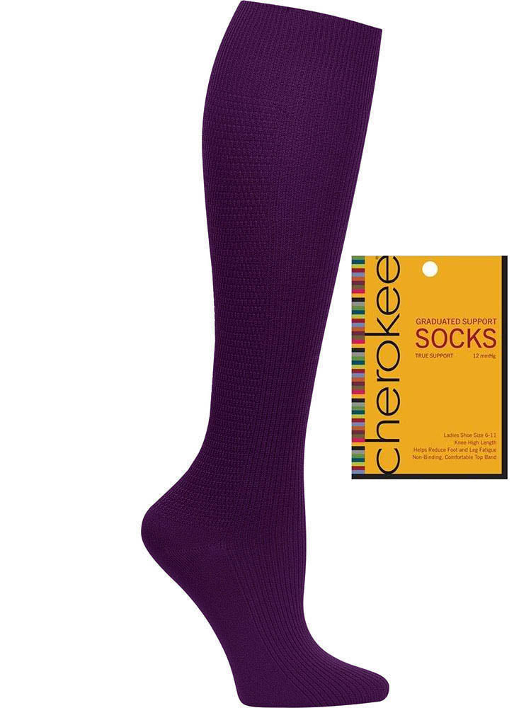 A Cherokee Women's True Support Compression Socks in Eggplant featuring a knee high length.