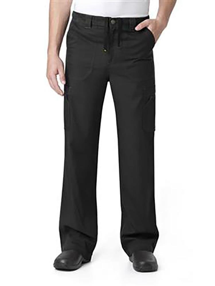 A male Medical Assistant wearing a pair of Carhartt men's Multi-Pocket Cargo Scrub Pants in black size small featuring a total of 8 pockets.
