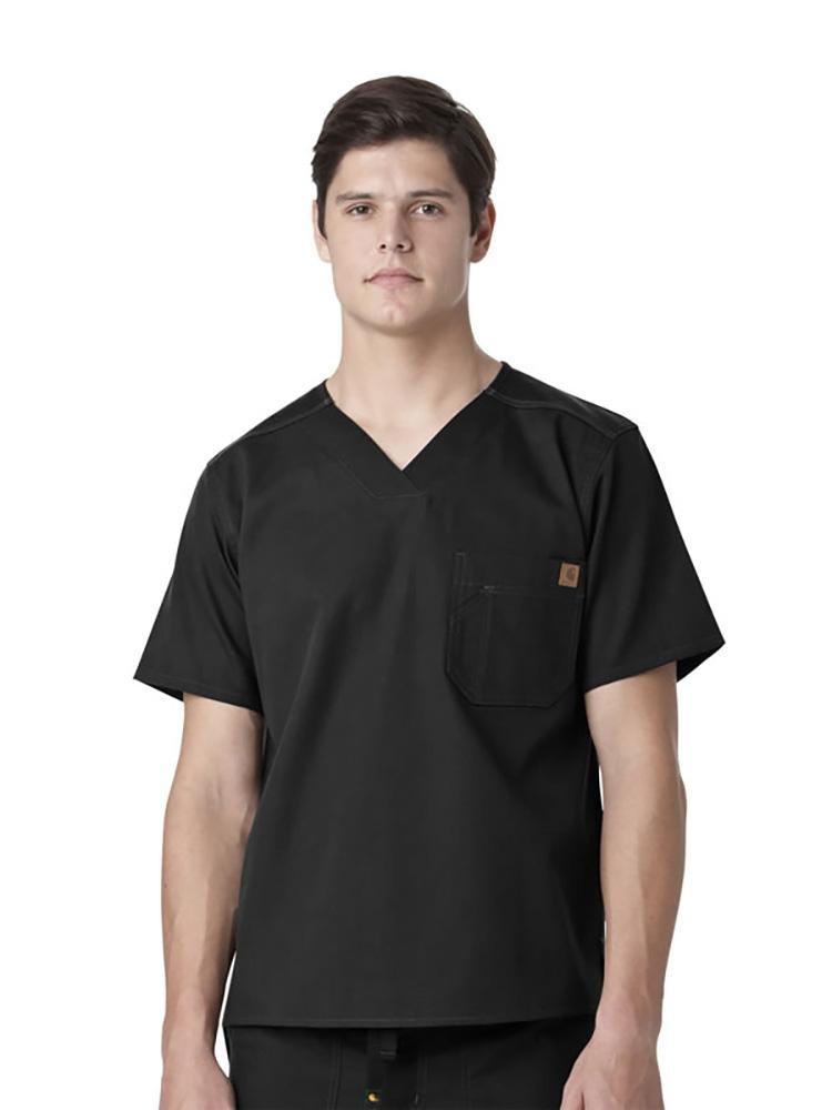 A male Surgical Technician wearing a Carhartt men's Ripstop Utility Scrub Top in black size 2X featuring a V-neckline & short sleeves.