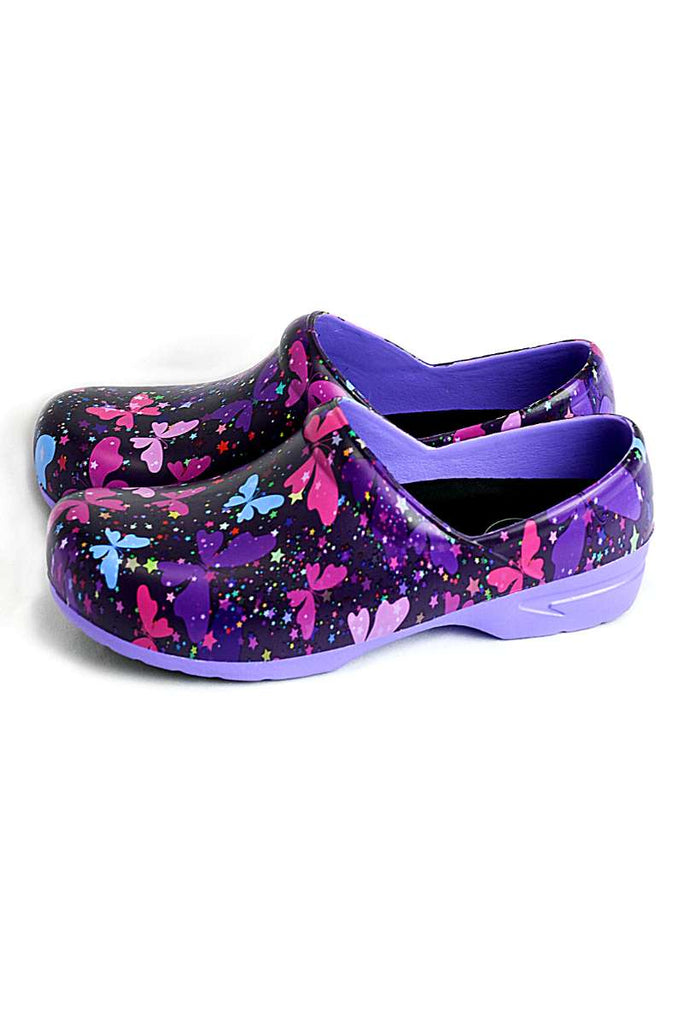 A side view of the StepZ Women's Slip Resistant Memory Foam Clogs in "Celestial Butterflies" featuring a unique EVA construction, engineered to withstand very high temperatures.