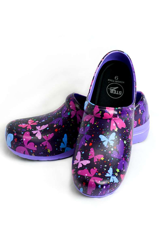 An image of the "Celestial Butterflies" StepZ Women's Slip Resistant Memory Foam Clog in size 8 featuring patented water-based fluid slip-resistance technology.