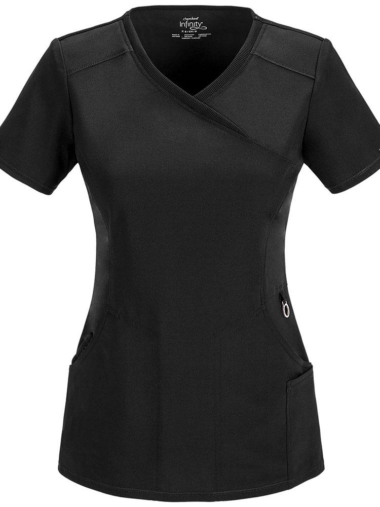 A frontward facing image of the Cherokee Infinity Women's Antimicrobial Mock Wrap Top in black featuring a Contemporary fit with two set-in front pockets.
