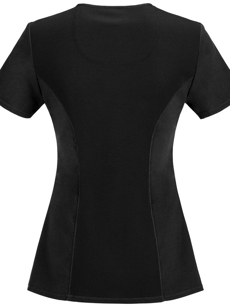 A backward facing image of the of Cherokee Infinity Women's Antimicrobial Mock Wrap Top in Black size XS is featuring availability in plus sizes.