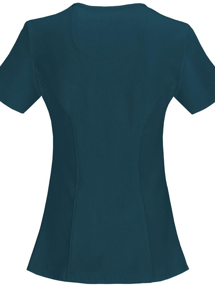 A backward facing image of the Cherokee Infinity Women's Antimicrobial Mock Wrap Top in Caribbean size XS featuring knit back panel